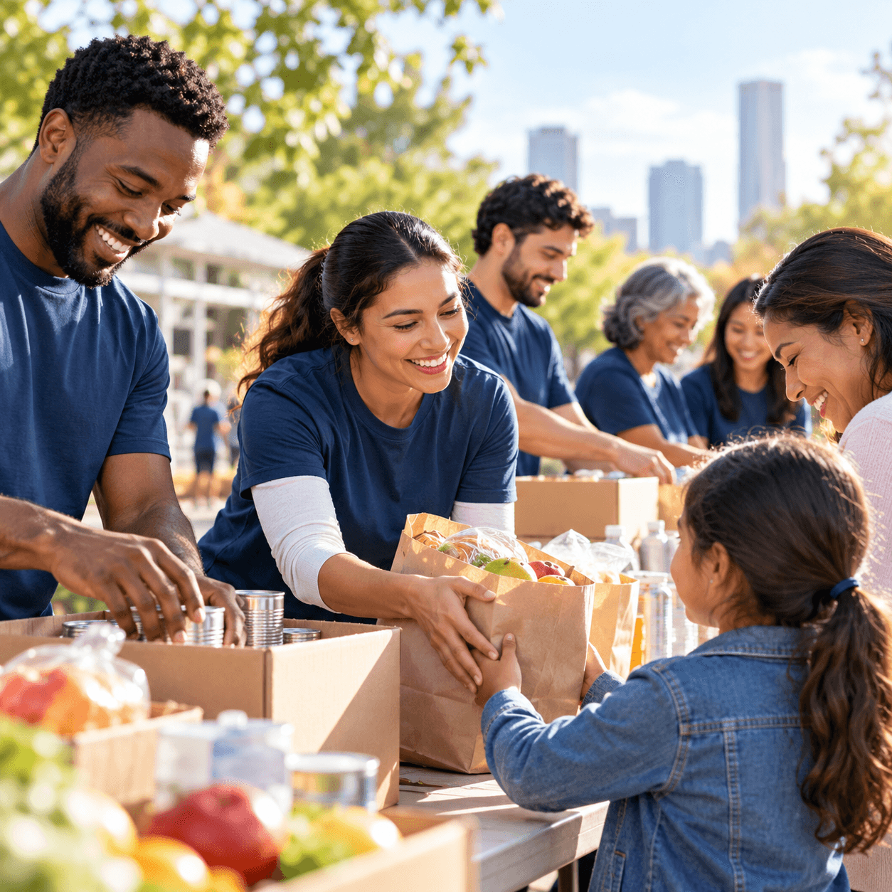 Volunteers in navy shirts handing bags of groceries to families at an outdoor food drive